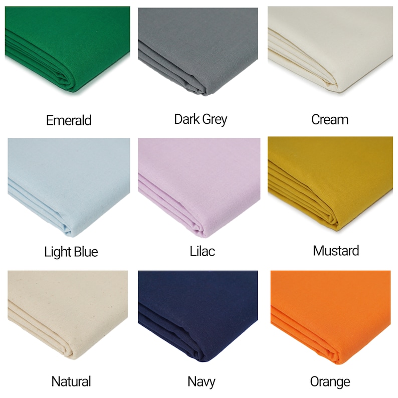 May include: Nine fabric swatches in different colours, including emerald green, dark grey, cream, light blue, lilac, mustard, natural, navy, and orange.