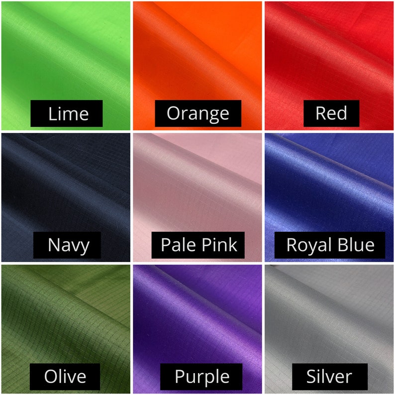 May include: Nine fabric swatches in various colors, including lime, orange, red, navy, pale pink, royal blue, olive, purple, and silver. Each swatch has a label with its color name in a black rectangle.