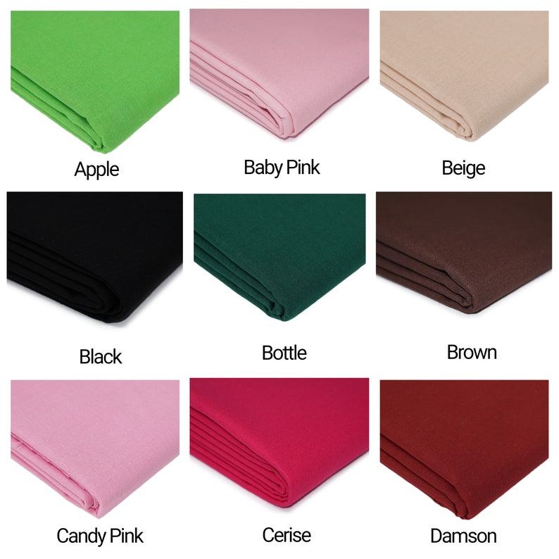 May include: Nine fabric swatches in different colours, including apple green, baby pink, beige, black, bottle green, brown, candy pink, cerise, and damson.