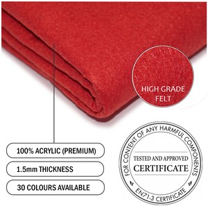 K&ouml;nnte beinhalten: Roter Filzstoff, 100% Acryl, 1,5 mm dick, 30 Farben verf&uuml;gbar. Hochwertiger Filz, gepr&uuml;ft und zugelassen, EN71-3 Zertifikat.