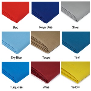 May include: Nine fabric swatches in different colours: red, royal blue, silver, sky blue, taupe, teal, turquoise, wine, and yellow.