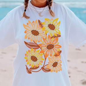 Yellow sunflower t shirt for women, summery feel top, gift for her, bright design, beach vacation wear, hand drawn, nature lover t-shirt.