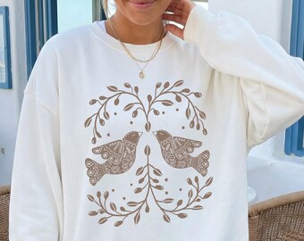 Bird Sweatshirt, Retro Scandinavian Style, Hand-Drawn Doves Of Peace.