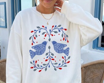 Doves of Peace Sweatshirt: Hand Drawn Retro Scandi Style Blue Birds.
