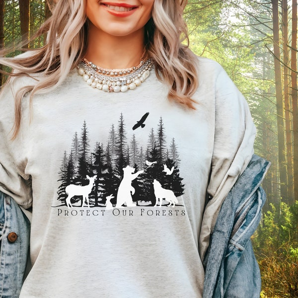 Protect our forests shirt for ladies. Ecology enviromental clothing pine forest with woodland animals, wolf, bear, eagle, squirrel, deer.