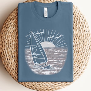 Sailing t-shirt unisex fit, ocean yacht sailing club crewneck top, hand drawn art work with sea waves, seagulls and sunset, fisherman vibes.