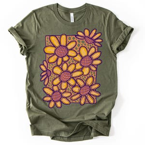 Camisa floral retrô hippie dos anos 70 com margaridas - Arte gráfica desenhada à mão