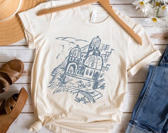 Vacation Shirt: Santorini Greek Island Villas Design, Minimalist Art Graphic