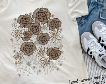 Comfort Colors Nature Shirt For Women, Natural Florals, Carnations And Lily Flowers Hand-Drawn In Neutral Hues, Summer Gift For Her