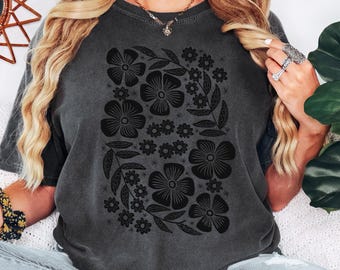 Black Flower Comfort Colors Shirt: Hand-Drawn Cottagecore Tee