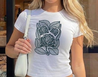 Black Floral Rose Baby Tee Shirt For Adult Women, Dark Cottagecore Style Hand-Drawn Abstract Flowers, Summer Clothing Gift For Her