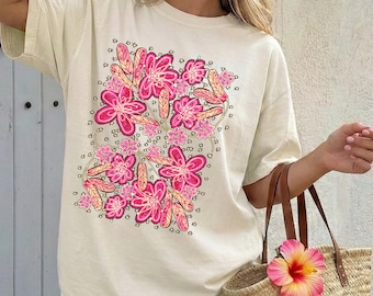 Pink Tropical Summer Flower T Shirt For Women: Bright and Colourful Floral Design, Boho Clothing Gift, Real Hand-Drawn Wearable Art Tee.