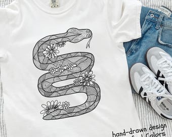 Tattoo Style Shirt, Snake With Flowers, Bold Minimalist Abstract Art Design, Reptile Lovers Gift, Light Whimsigoth Aesthetic.