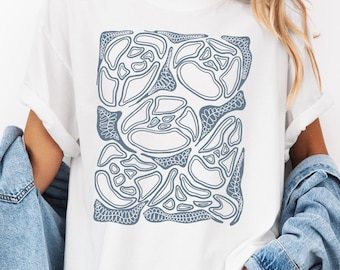 Peony Shirt, Comfort Colors Vintage Floral Aesthetic TShirt, Hand-Drawn Abstract Summer Blue Flowers Tee, Boho Linocut Style Gift For Her.