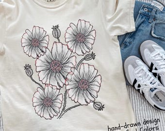 Boho Poppy flower graphic t shirt for women, Comfort Colors tee with summer floral design, hand drawn nature lovers gift.