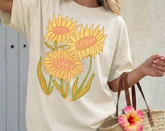Sunflower Shirt, Comfort Colors Summer Tee, Yellow Floral Hand Drawn Graphic Design, Flower Lover Gift, Bright Sunshine Boho Top.