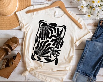 Black Floral Shirt For Women: Hand Drawn Abstract Graphic Tee