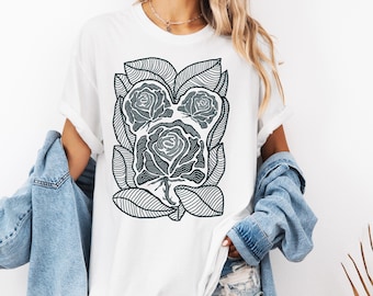 Black Floral Rose Shirt, Vintage Linocut Style, Dark Summer Botanical Aesthetic, Hand-Drawn, Comfort Colors Tee, Flower Lover Gift For Her.