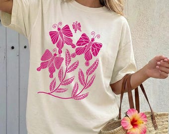 Pink Coquette Butterfly T Shirt For Women, Summer Aesthetic, Real Hand-Drawn Summer Wildlife Design, Boho Butterflies Tee