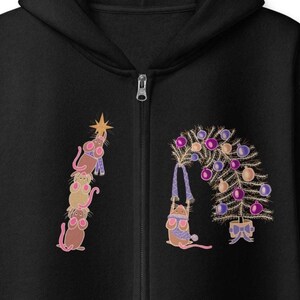 Christmas Full Zip Hoodie Unisex Fit, Hand Drawn Mice Decorating The Tree