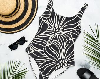 One-Piece Ladies Swimsuit Floral Botanical Vibes Large Flowers Black and White Aesthetic.