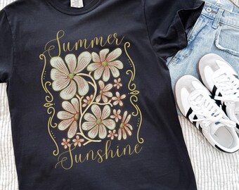 Summer Sunshine Shirt For Women, Comfort Colors Tee With Hand-Drawn Daisy Style Flowers Boho Aesthetic On Darker TShirts.