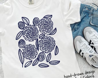 Blue Floral T Shirt For Women, Boho Aesthetic, Minimalist Abstract Graphic Tee, Comfort Colors Top, Hand-Drawn Original Design