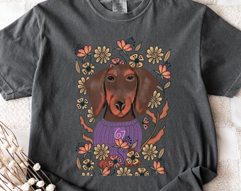 Dachshund Shirt, Comfort Colors Tee, Hand-Drawn Weiner Dog in Wildflowers Wearing 67 Jumper, Sausage Dog Lover Gift