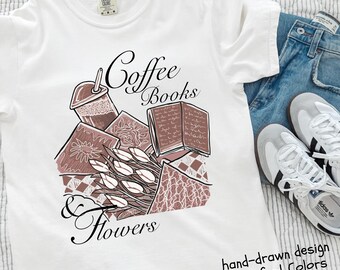 Coffee Shirt, Comfort Colors Tee, Hand-Drawn Tulip Flowers, Book Lover Gift For Readers and Diary Writers, Iced Coffee Drink.