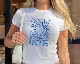 Minimalist Blue Ocean Baby Tee For Women, Line Drawing Sunset And Waves, Summer Seaside Top, Vacation Shirt For Teenagers.
