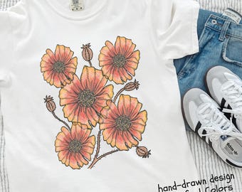 Orange Poppy Flower Comfort Colors TShirt For Women, Hand-Drawn Boho Floral Bold Graphic Design, Summer Vacation Gift For Her.