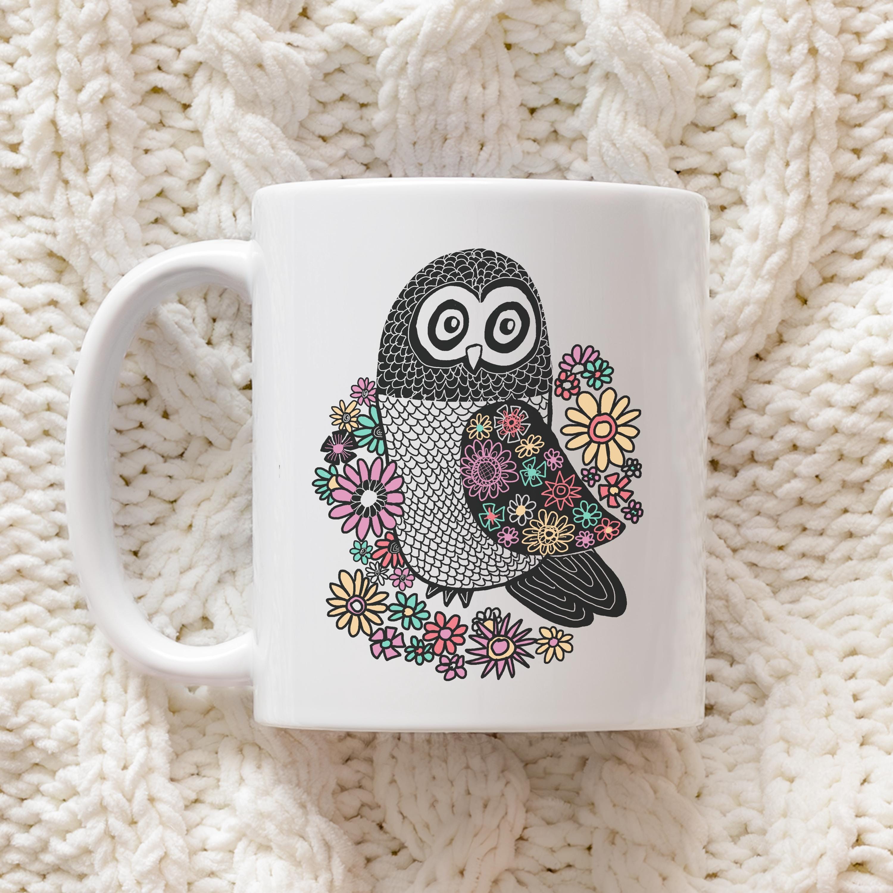 Owl Mug For Nature Lovers, Retro Linocut Aesthetic From Hand Drawn Original Unique Art Work, Cute Bi
