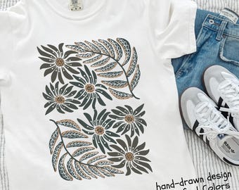 Summer shirt for women, flowers and ferns in earthy natural tones, Comfort Colors tee with real hand drawn abstract graphic design.