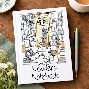 May include: A white hardcover notebook featuring a black and white line art illustration of mice in a library with yellow curtains. The text Readers Notebook is printed in black at the bottom. The cover shows mice reading books and climbing shelves.