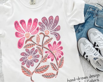 Pink boho floral t shirt for women, comfort colors tee, summer top, hand drawn coquette aesthetic, gift for her.