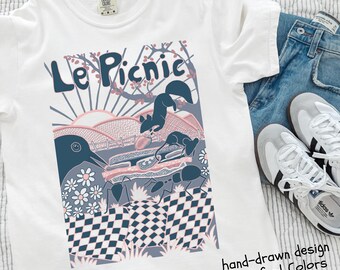 Summer Shirt, French Aesthetic Le Picnic, Funny Hand-Drawn Outdoor Eating Scene, Comfort Colors Tee, Bird Shirt, Mouse Squirrel Ants Design.