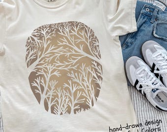 Camiseta Comfort Colors Nature Forest Tree, camiseta minimalista de naturaleza salvaje para excursionistas, dibujada a mano, regalo para amantes de la naturaleza.