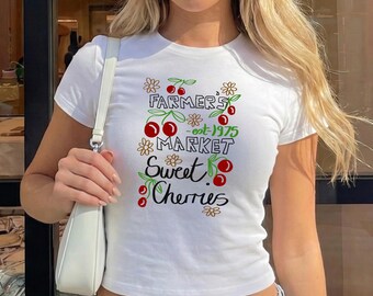 Cherry Farmers Market Adult Baby Tee For Women: Hand Drawn Original Food Inspired Graphic Shirt With Red Summer Cherries Design