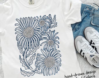 Boho Floral T Shirt For Women, Summer Aesthetic, Blue Abstract Daisy Flowers, Hand-Drawn Graphic Art, Comfort Colors Tee, Gift For Her.