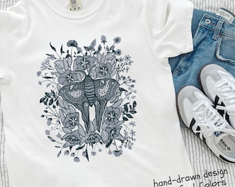 Luna moth shirt for women, cottagecore style, naturecore aesthetic, grey insect design, summer clothing vacation tee