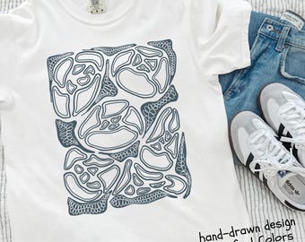 Blue Floral T-Shirt For Women, Comfort Colors Tee With Abstract Flower Design, Hand-Drawn Original Art Illustration, Summer Clothing Top
