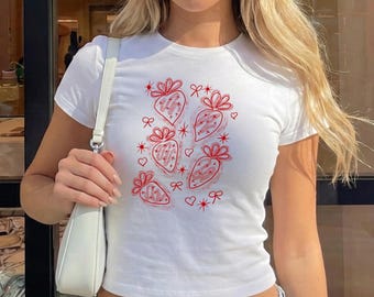 Summer Strawberry Adult Baby Tee, Food T Shirt, Gift For Teenager, Tight Fit Cropped Shirt With Hand-Drawn Minimalist Red Berry Design.