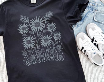 Dark Summer Floral TShirt For Women, Comfort Colors Tee With Blue Grey Wildflowers Cottagecore Style, Hand-Drawn Unique Gift For Her.