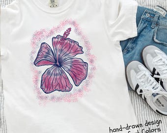 Tropical Hibiscus Flower T Shirt For Women, Comfort Colors Tee With Hand-Drawn Summer Floral Art Graphic, Pink Hawaiian Aesthetic.