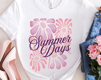 Summer Days Pink Boho Floral Shirt, Real Hand-Drawn Daisy Style Art Graphic, Vacation Wear, Gift For Her