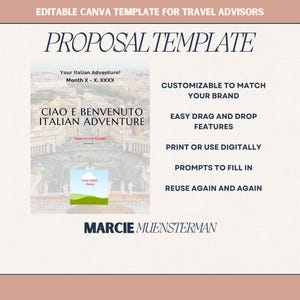 Peut inclure: Un modèle de proposition rose et blanc pour les conseillers en voyages. Le modèle présente une photo du Colisée à Rome, en Italie. Le texte sur le modèle indique "Your Italian Adventure!" "Ciao e Benvenuto Italian Adventure" et "Marcie Muensterman".