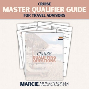 May include: A guidebook titled "Cruise Qualifying Questions" by Margie Muensterman. The cover features a beach scene with a thatched-roof hut and a blue ocean.
