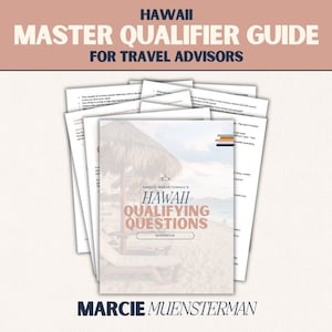May include: A guidebook titled "Hawaii Qualifying Questions" by Margie Muensterman. The cover features a beach scene with a thatched-roof hut and a couple of lounge chairs. The guidebook is a guide for travel advisors.