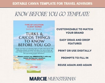 Turks + Caicos Know Before Your Go Template for Travel Agents | Canva Template | Travel Advisor Templates | Editable Travel Template