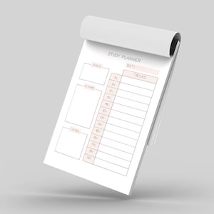 Peut inclure: Un planificateur d'études blanc avec les mots "STUDY PLANNER" en haut. Le planificateur comporte des sections pour les objectifs, les choses à faire et les notes. Il comporte également une section pour les tâches avec des heures de 7h à 21h.